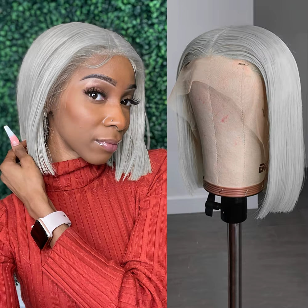 Silver Grey Short Bob Human Hair Transparent Lace Front Wigs Straight Remy Hair for Pre Plucked Natural Hairline 180% Density