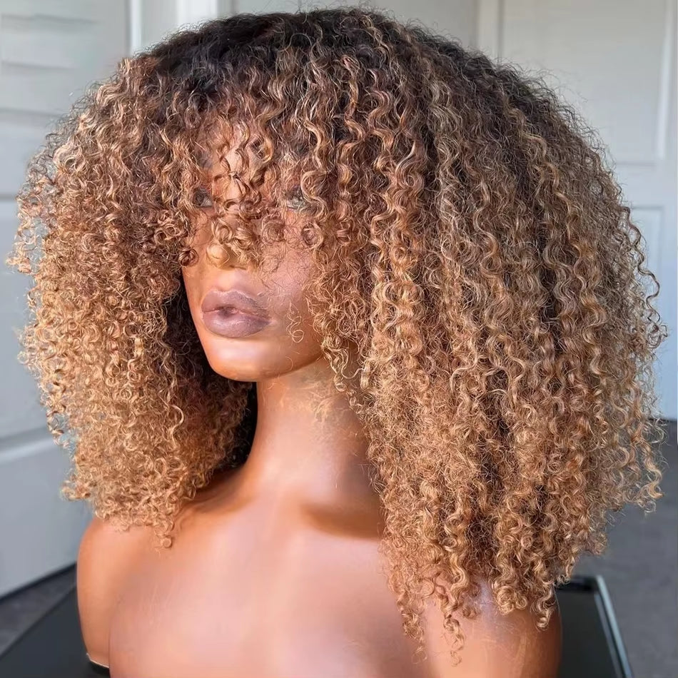 Highlights Blonde Jerry Curly Full Machine Made Wig with Bangs Brazilian Remy Human Hair Wig Ombre Brown Colored for Black Women