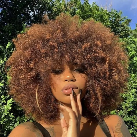 QVR Short Afro Kinky Curly Wigs with Bangs for Women Fluffy Short Afro Curly Wigs Human Hair Wig 180% Density Full Machine Hair