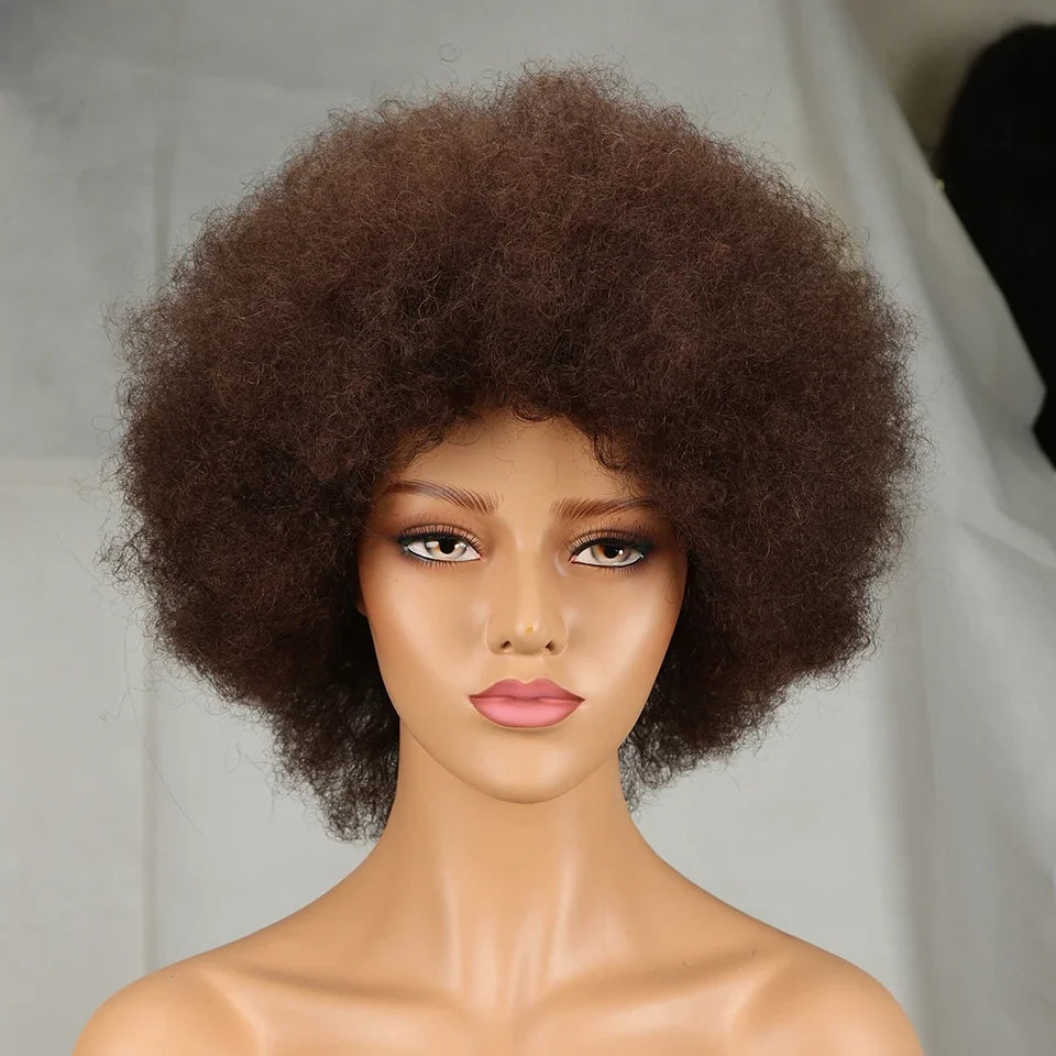 QVR Short Afro Kinky Curly Wigs with Bangs for Women Fluffy Short Afro Curly Wigs Human Hair Wig 180% Density Full Machine Hair