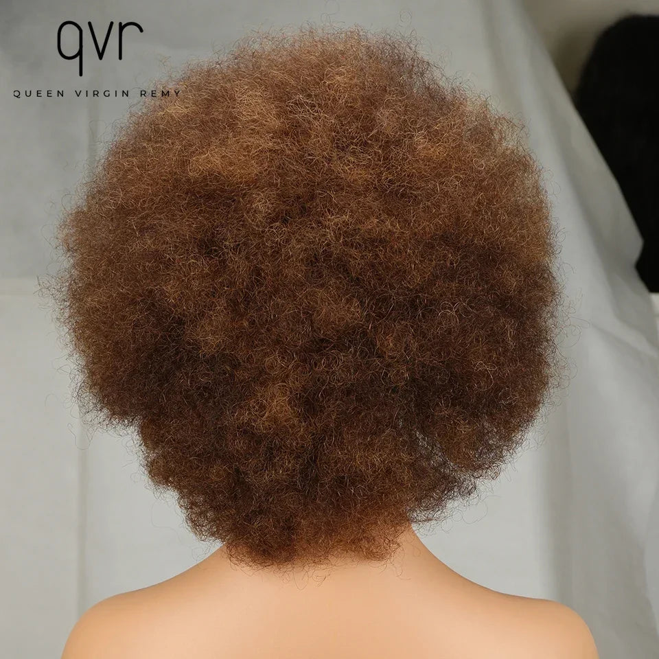 QVR Short Afro Kinky Curly Wigs with Bangs for Women Fluffy Short Afro Curly Wigs Human Hair Wig 180% Density Full Machine Hair