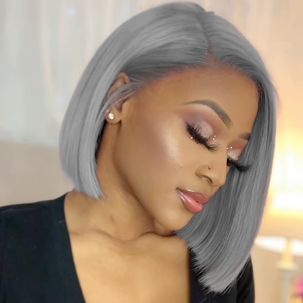 Silver Grey Short Bob Human Hair Transparent Lace Front Wigs Straight Remy Hair for Pre Plucked Natural Hairline 180% Density