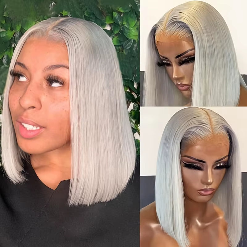 Silver Grey Short Bob Human Hair Transparent Lace Front Wigs Straight Remy Hair for Pre Plucked Natural Hairline 180% Density