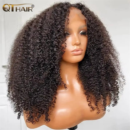 QT Afro Kinky Curly Lace Front Wigs 13X4 HD Transparent Human Hair Lace Wig Brazilian Curly 4X4 Lace Closure Wig for Black Women