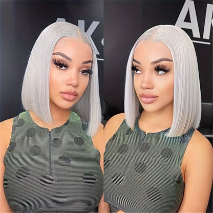 Silver Grey Short Bob Human Hair Transparent Lace Front Wigs Straight Remy Hair for Pre Plucked Natural Hairline 180% Density